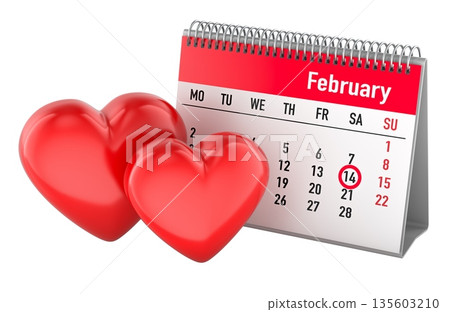 Valentines day concept. February calendar with red hearts and Valentines day date. 3D rendering 135603210