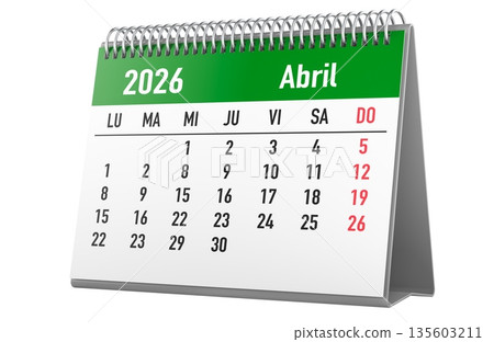 April 2026 desk calendar in Spanish. 3D rendering 135603211