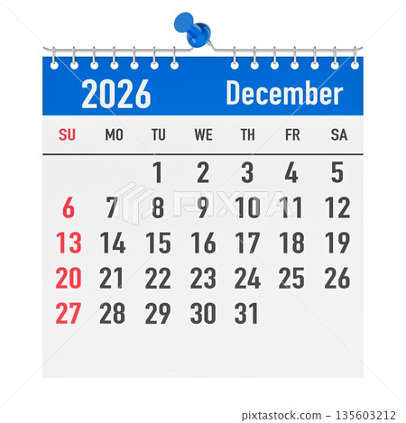 December 2026 wall calendar page pinned with pushpin. 3D rendering 135603212