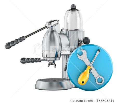 Espresso machine with wrench and screwdriver, repair service concept. 3D rendering 135603215
