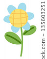 Blue sunflower with green leaves doodles for nature, garden, tree, plants, blossom, blooming, park, picnic, home yard, sticker, cartoon, floral print, decoration, patch, brooch, pin, tattoo, icon 135603251