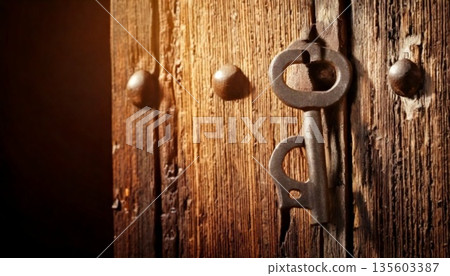 old rusty horseshoe on a wooden door old rusty horseshoe on a wooden door 135603387