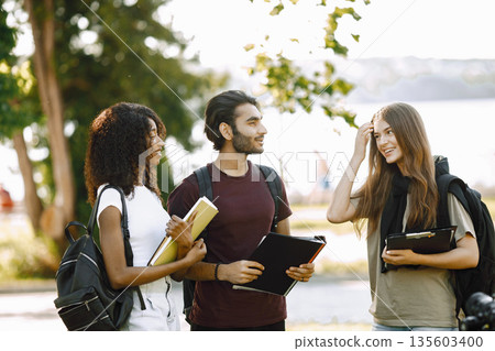 Group of international students standing together in park at university. African and caucasian girls and indian boy talking outdoors. Three friends disscussing about education. Group of international students standing together in park at university. African and caucasian girls and indian boy talking outdoors. Three friends disscussing about education. 135603400