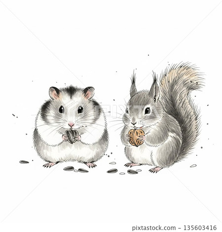 一隻倉鼠和一隻松鼠一起吃葵花籽和堅果。 一隻倉鼠和一隻松鼠一起吃葵花籽和堅果。 135603416