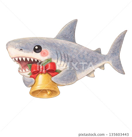 【聖誕節】色鉛筆插畫，描繪了一隻巨齒鯊拿著鈴鐺 135603443