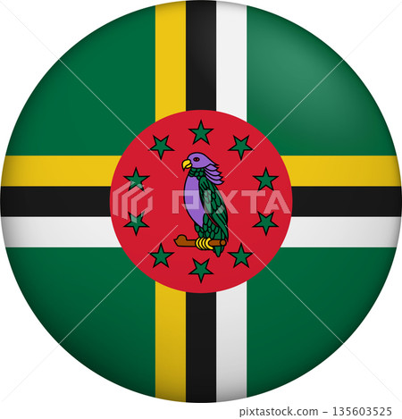 Flag of Dominica. Glossy circular flag. Button appearance. 3D Icon Design with depth 135603525