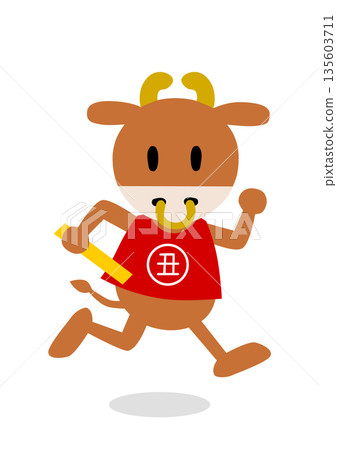 牛(牛年)手持接力棒奔跑的插圖 牛(牛年)手持接力棒奔跑的插圖 135603711