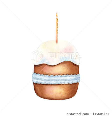 Easter cake tied lace ribbon with lit candle. Traditional Happy Easter festive bakery with burning candle. Spring holiday glaze kulich. Watercolor hand drawn isolated illustration clip art, Paskha 135604135