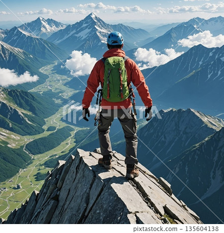 a man with a backpack on the top of the mountains a man with a backpack on the top of the mountains 135604138