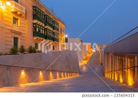 Evening View of Valletta City Gate Steps and Walls Evening View of Valletta City Gate Steps and Walls 135604315
