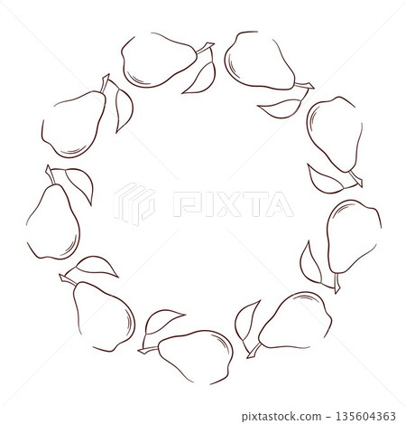Pear fruit wreath in line art style isolated on white background. Pear fruit wreath in line art style isolated on white background. 135604363