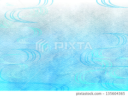 流水與藍色海浪-淺藍色日本紙上的水彩日本背景 流水與藍色海浪-淺藍色日本紙上的水彩日本背景 135604365