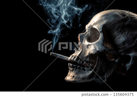 Skull is smoking a cigarette. Unhealthy lifestyle concept. 135604375