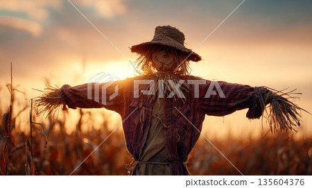 Spooky scarecrow in a field on golden sunset. Spooky scarecrow in a field on golden sunset. 135604376