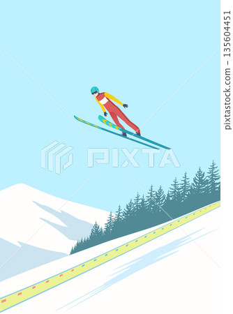 Ski Jumper soars through air in streamlined pose during winter competition games. Ski Jumper soars through air in streamlined pose during winter competition games. 135604451