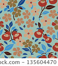 Elegant botanical seamless pattern featuring vibrant slipper flowers and periwinkle blooms. Perfect for luxury textiles, fashion, and home decor. 135604470