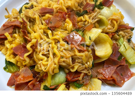 Savory Stir-fried Noodles with Bacon and Fresh Vegetables Savory Stir-fried Noodles with Bacon and Fresh Vegetables 135604489