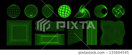 Set of different green laser wireframes isolated on black background. Neon futuristick, cyberpunk or techno grids. Sphere, spirograph and room surfaces with meshed texture. Vector illustration Set of different green laser wireframes isolated on black background. Neon futuristick, cyberpunk or techno grids. Sphere, spirograph and room surfaces with meshed texture. Vector illustration 135604545