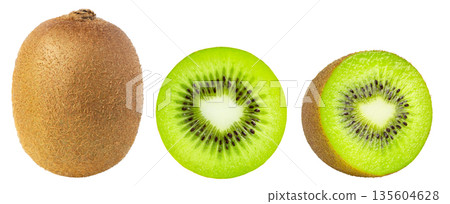 Green kiwis and cut in half with clipping path without shadows. Kiwi fruits and sliced kiwi isolated. No shadow. Green kiwis and cut in half with clipping path without shadows. Kiwi fruits and sliced kiwi isolated. No shadow. 135604628
