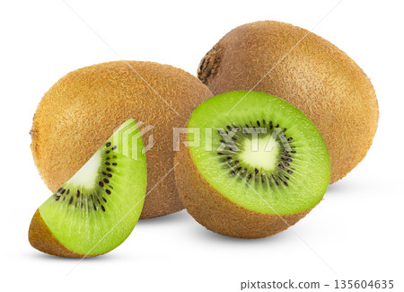 Two kiwi fruits and half with slice isolated. 135604635