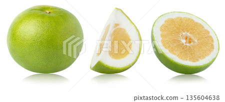 Grapefruit sweetie citrus fruit collection with reflection isolated. Half of sweetie, cut in a slice of a pomelo with clipping path. 135604638