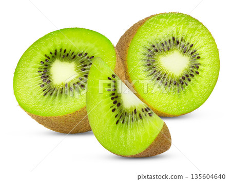 Sliced kiwi fruit isolated. Slice of kiwi and half of kiwi with clipping path. Two kiwi slices and cut in a slice. Sliced kiwi fruit isolated. Slice of kiwi and half of kiwi with clipping path. Two kiwi slices and cut in a slice. 135604640