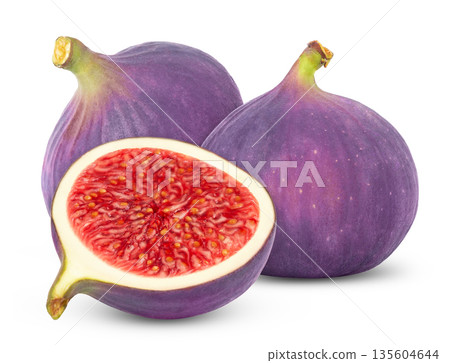 Whole and cut purple figs isolated. Fig and cut in a half. 135604644