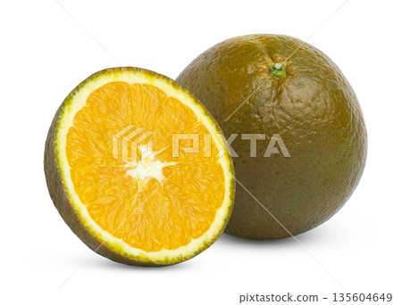 Chocolate orange fruit and half of brown navel orange isolated. 135604649
