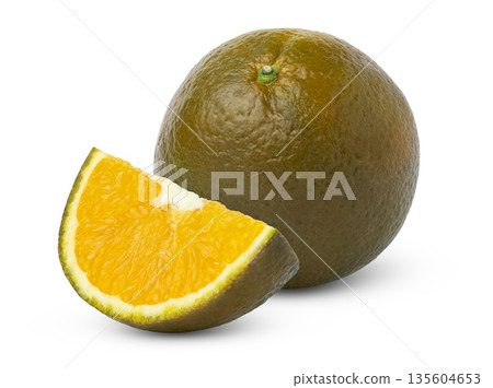 Brown fresh navel orange citrus sinensis fruit and a slice of chocolate orange isolated. Brown fresh navel orange citrus sinensis fruit and a slice of chocolate orange isolated. 135604653