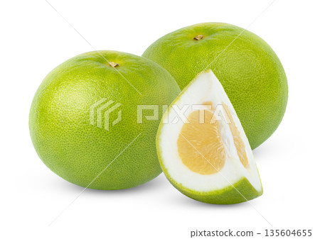 Two citrus sweetie or pomelit, pomelo, oroblanco fruits with slice isolated. Fresh green grapefruit sweetie with slice of grapefruit sweetie with clipping path. Two citrus sweetie or pomelit, pomelo, oroblanco fruits with slice isolated. Fresh green grapefruit sweetie with slice of grapefruit sweetie with clipping path. 135604655