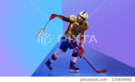 Energetic composition hockey player and badminton shuttle in surreal sport crossover. 135604665