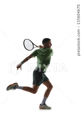 Tennis player backhand swing isolated on white background. 135604670