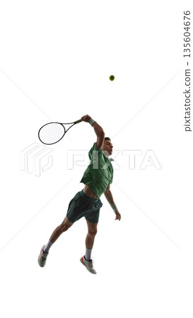 Tennis player airborne serve strike isolated on white background. 135604676