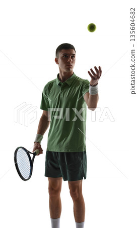 Tennis player tossing ball before serve isolated on white background. 135604682