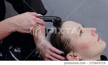 Hairdresser rinsing shampoo from client's hair with shower head in beauty salon, providing professional hair care service Hairdresser rinsing shampoo from client's hair with shower head in beauty salon, providing professional hair care service 135604729