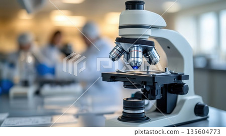 A white professional microscope stands on a table in a scientific laboratory. Medical office with a microscope 135604773