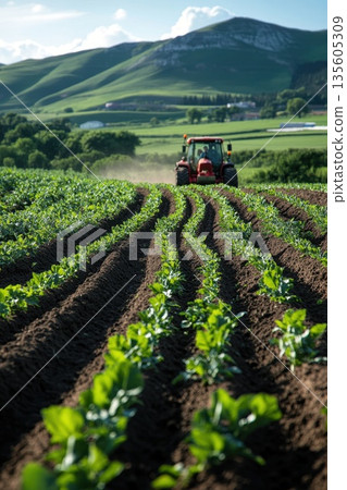 Tractor spraying fertilizer on a field with crops , insecticides herbicides chemicals on an agricultural field 135605309