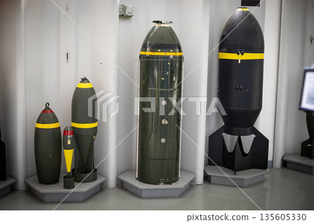 Military bombs and aerial ordnance on museum display Military bombs and aerial ordnance on museum display 135605330