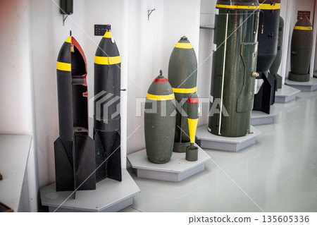 Military bombs displaying warfare technology and history Military bombs displaying warfare technology and history 135605336