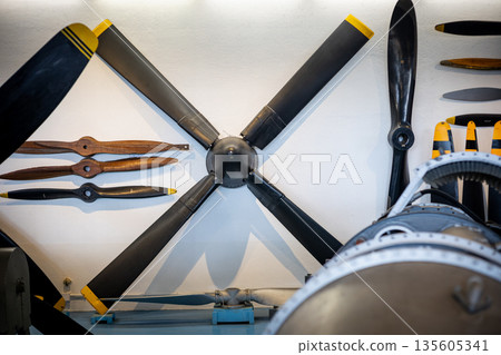 Aircraft propellers displaying vintage aviation engineering history 135605341