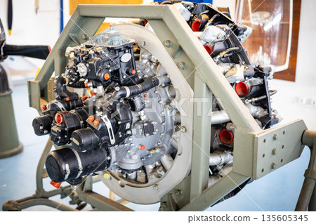 Radial aircraft engine mechanism displaying complex engineering details 135605345