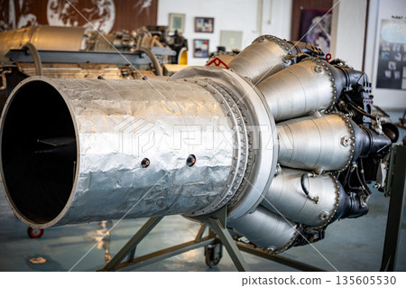 Vintage jet engine close-up showcasing complex engineering details 135605530