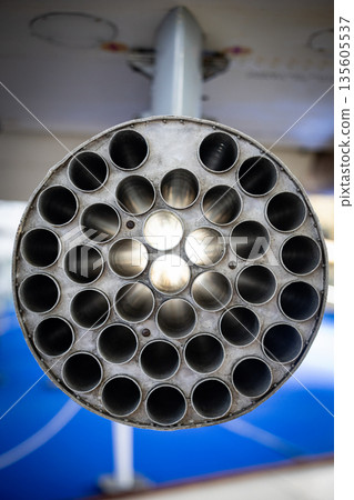 Military rocket launcher tubes pointing forward 135605537