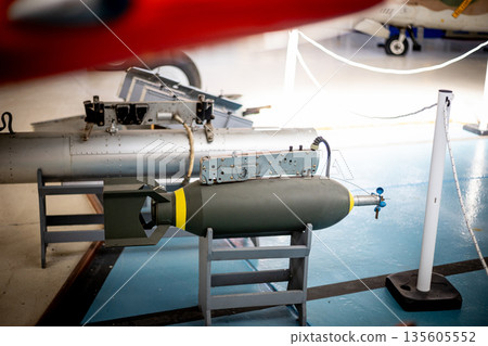 Military air-dropped bomb display at aviation museum Military air-dropped bomb display at aviation museum 135605552
