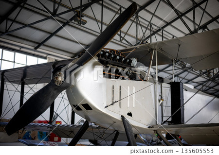 Vintage biplane propeller and engine showcasing early aviation engineering 135605553