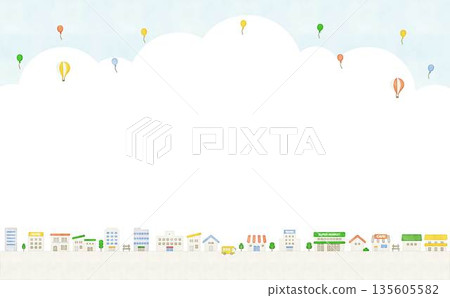 水彩風格可愛城市景觀背景插畫素材,橫幅,留白 水彩風格可愛城市景觀背景插畫素材,橫幅,留白 135605582