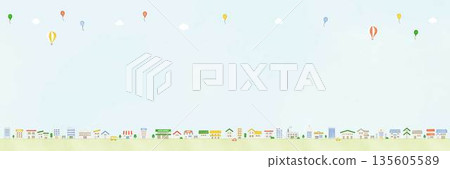 水彩風格可愛城市景觀背景插畫素材，橫幅，留白 135605589