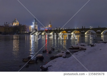 Charles Bridge at night in winter, Prague Czechia Charles Bridge at night in winter, Prague Czechia 135605678