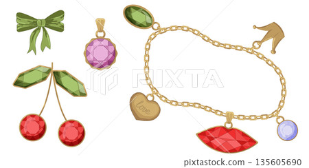 Vector Illustration of girly vintage bow and frame ribbon golden chain and jewelry set. Ribbons isolated. Trendy coquette girls accessories.  135605690