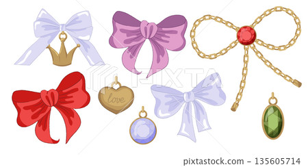 Vector Illustration of girly vintage bow and frame ribbon golden chain and jewelry set. Ribbons isolated. Trendy coquette girls accessories.  135605714